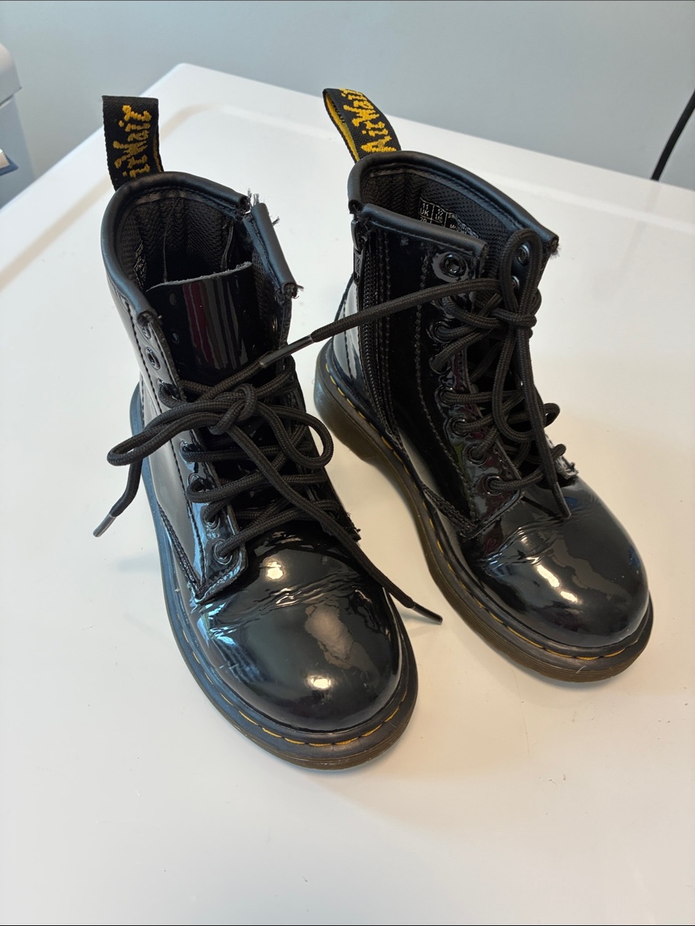 DR MARTENS Black Patent Kids Lace-Up Combat Boots SIZE 12